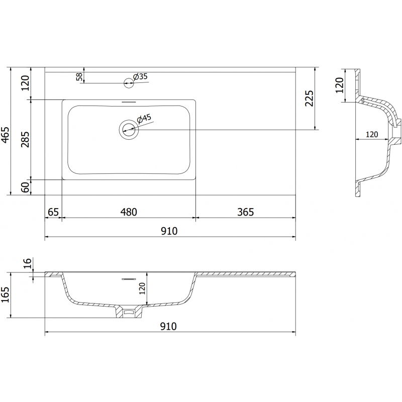 Mexen Otis left countertop sink 91 x 46.5 cm, matte white - 25189001L