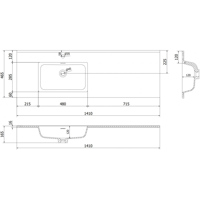 Mexen Otis ingebouwde wastafel links 141 x 46,5 cm, zwart mat - 25181471L