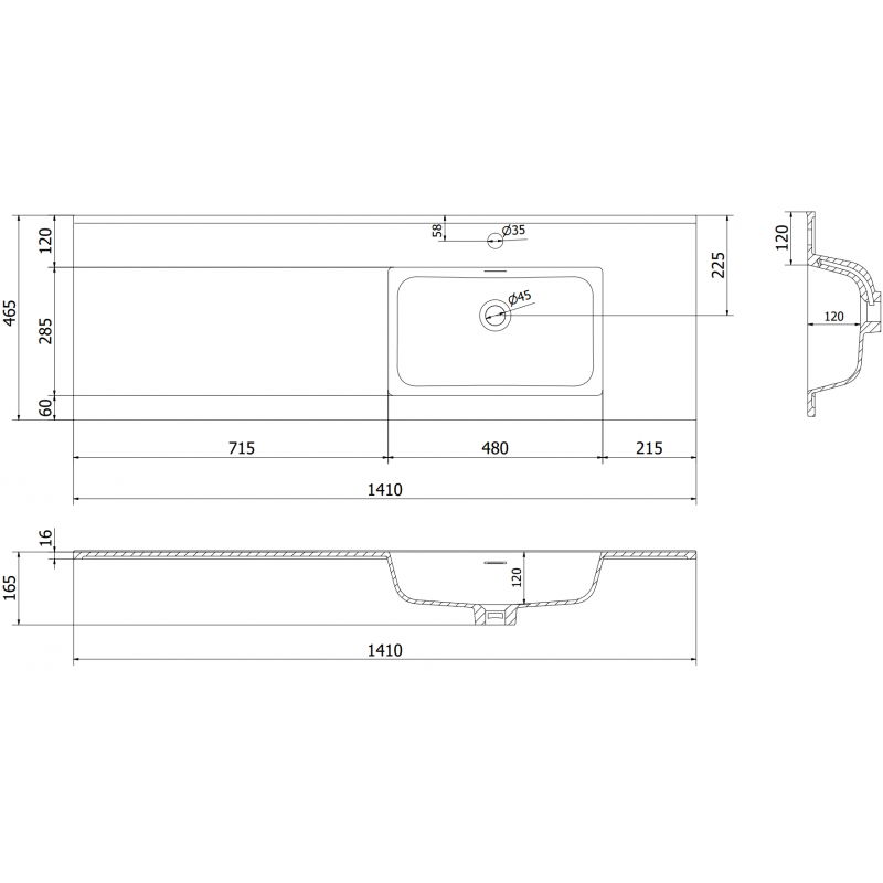 Mexen Otis lavabo encastré à droite 141 x 46,5 cm, blanc mat - 25181401P
