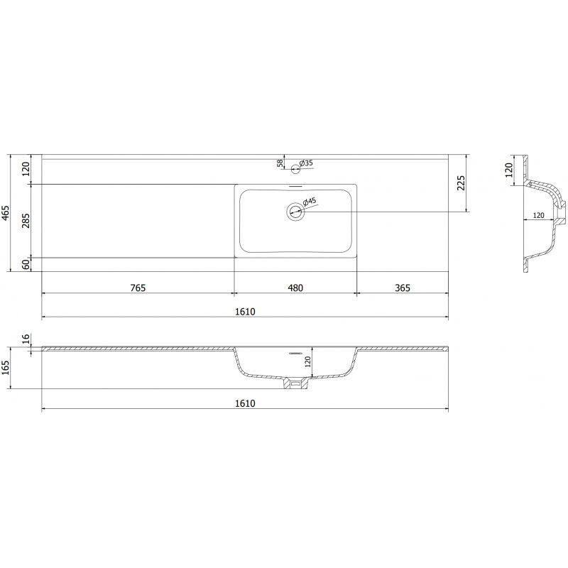 Mexen Otis inbouw wastafel rechts 161 x 46,5 cm, wit glans - 25181600P