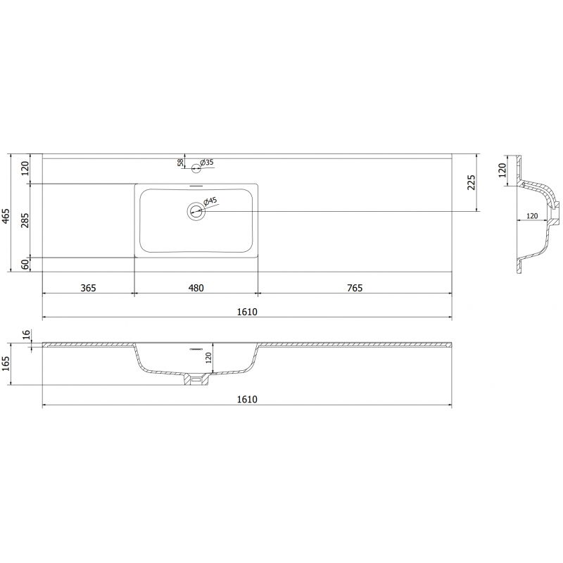Mexen Otis inbyggd vänster diskbänk 161 x 46,5 cm, svart matt - 25181671L