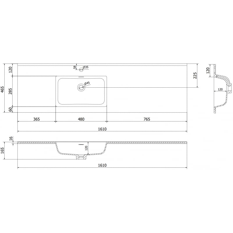 Mexen Otis lavatório embutido à esquerda 161 x 46,5 cm, branco brilho - 25181600L
