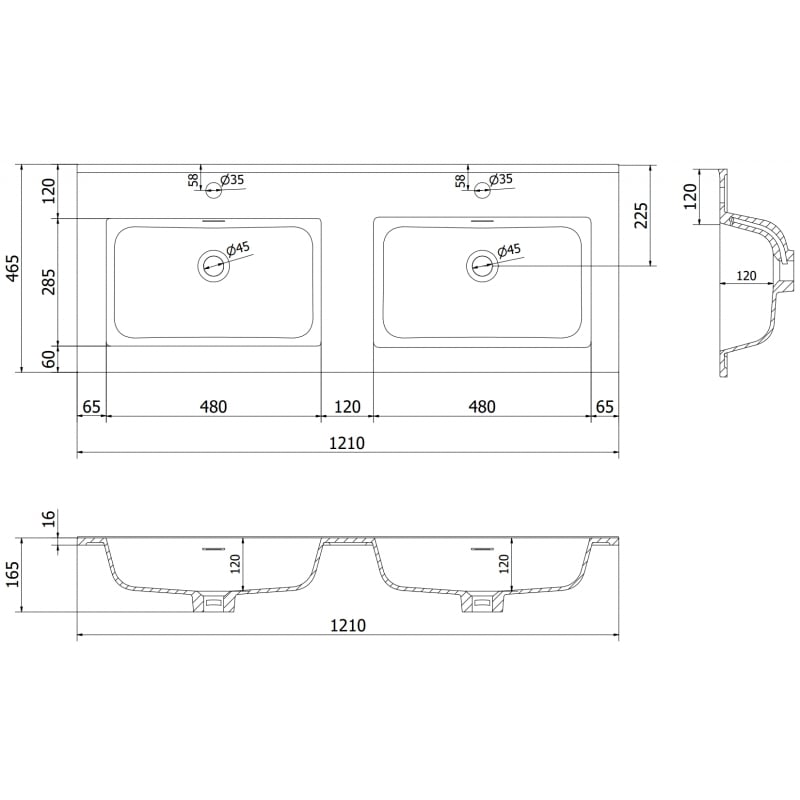 Mexen Otis dubbele inbouw wastafel 121 x 46,5 cm, glanzend wit - 25181200D