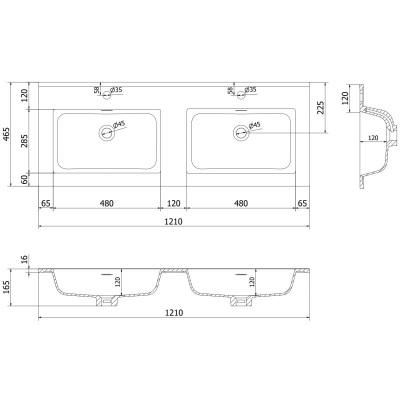 Mexen Otis Unterbauwaschbecken doppelt 121 x 46,5 cm, weiß matt - 25181201D
