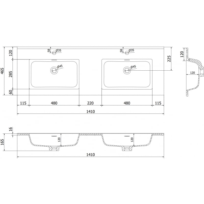 Mexen Otis double countertop washbasin 141 x 46.5 cm, white matte - 25181401D