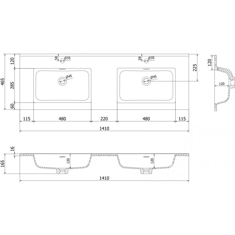 Mexen Otis dubbele inbouw wastafel 141 x 46,5 cm, wit mat - 25181401D