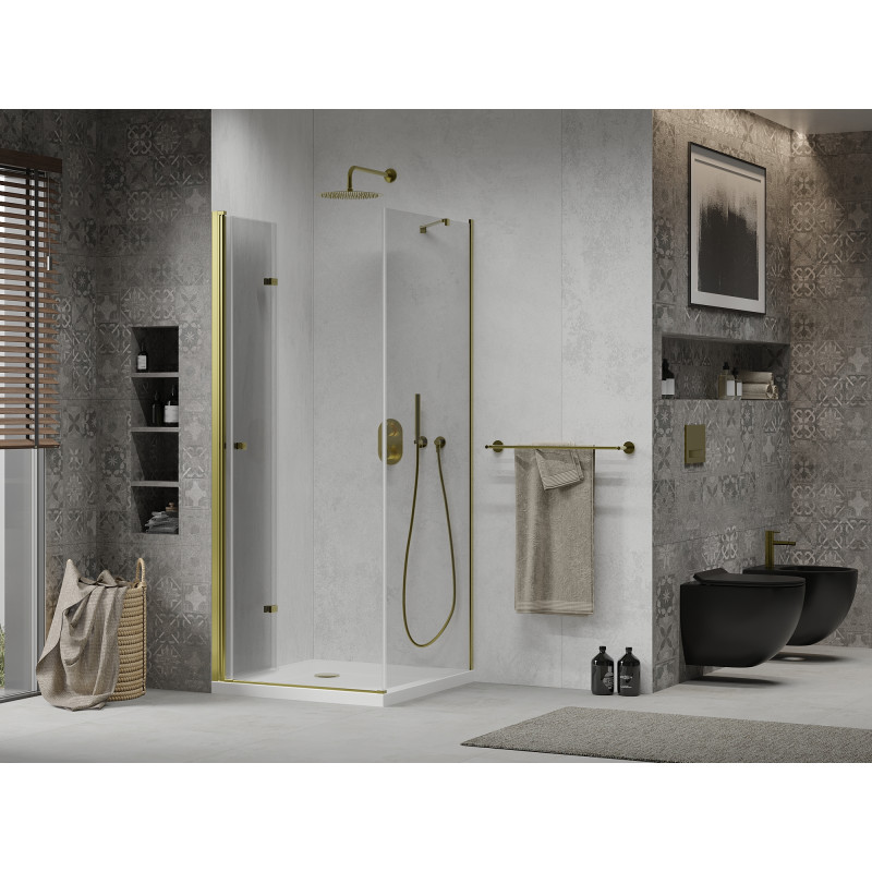 Mexen Lima opvouwbare douchecabine 100 x 100 cm, transparant, goud + Flat douchebak - 856-100-100-50-00-4010