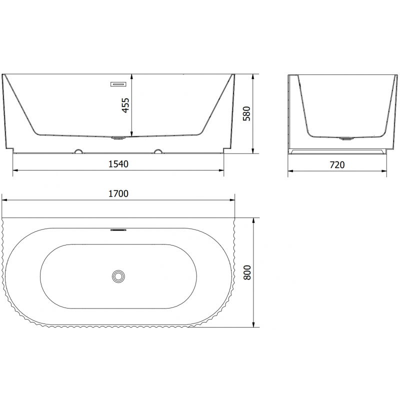 Mexen Sella banheira autoportante encostada canelada 170 x 80 cm, branco brilho, transbordamento gun metal - 52711708000-95