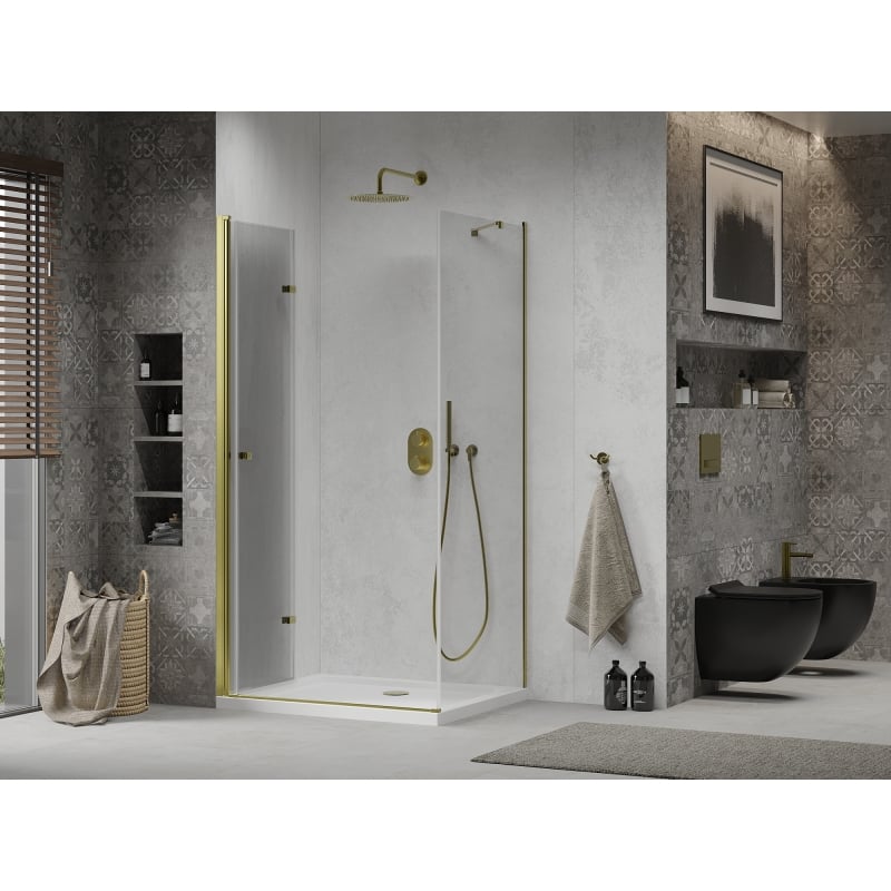 Mexen Lima folding shower cabin 70 x 90 cm, transparent, gold + Flat shower tray - 856-070-090-50-00-4010