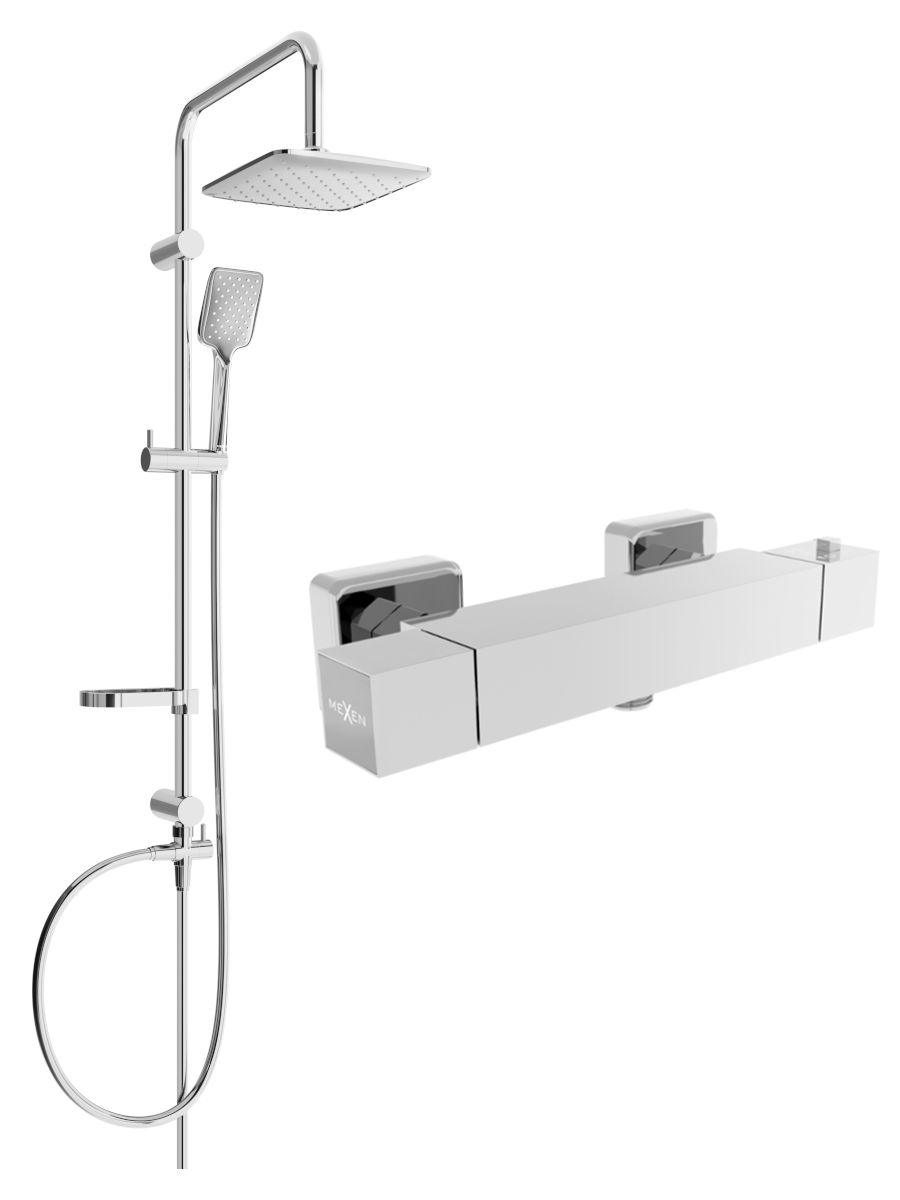 Mexen Sven zestaw prysznicowy natynkowy z deszczownicą i baterią prysznicową termostatyczną Cube, chrom - 77200262-00