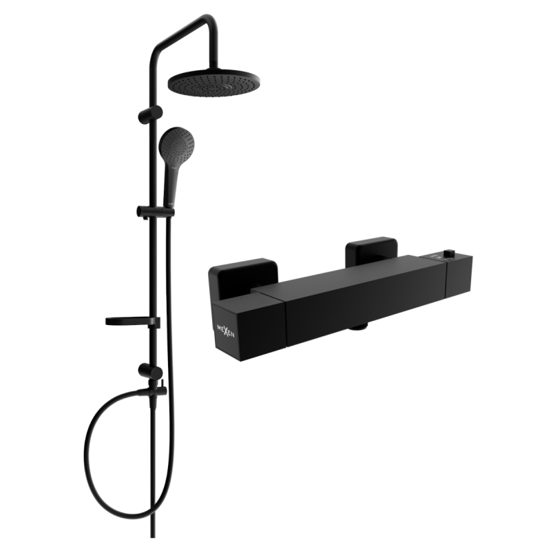 Mexen Erik Aufputz-Duschset mit Regenbrause und thermostatischer Duscharmatur Cube, schwarz - 77200205-70
