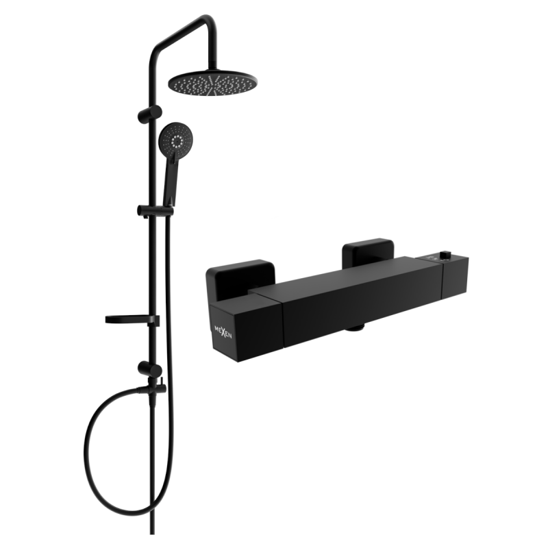 Mexen Carl conjunto de ducha externo con rociador y grifo de ducha termostático Cube, negro - 77200240-70