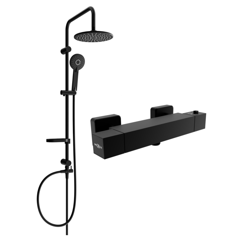 Mexen Carl ensemble de douche en saillie avec douche de tête et robinet de douche thermostatique Cube, noir - 77200240-70