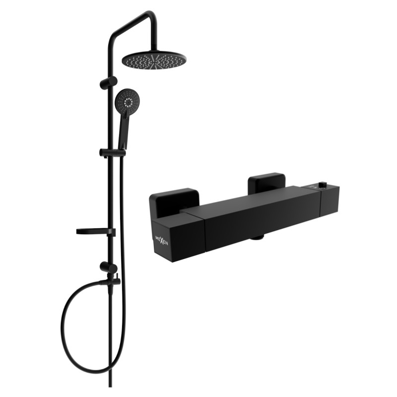 Mexen Cube Carl surface-mounted shower set with rain shower and thermostatic shower mixer, black - 77200240-70
