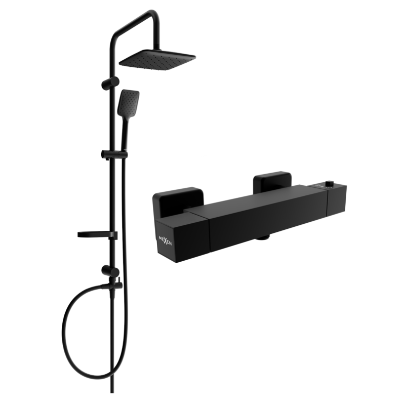Mexen Sven Aufputz-Duschsystem mit Kopfbrause und thermostatischer Duscharmatur Cube, schwarz - 77200262-70