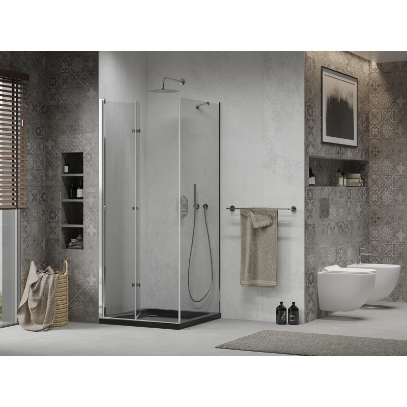 Mexen Lima folding shower cabin 90 x 90 cm, transparent, chrome + Flat shower tray, black - 856-090-090-01-00-4070
