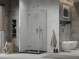 Mexen Lima zložljiva pršna kabina 120 x 80 cm, prozorna, krom + kopalniška kad Flat, črna - 856-120-080-01-00-4070