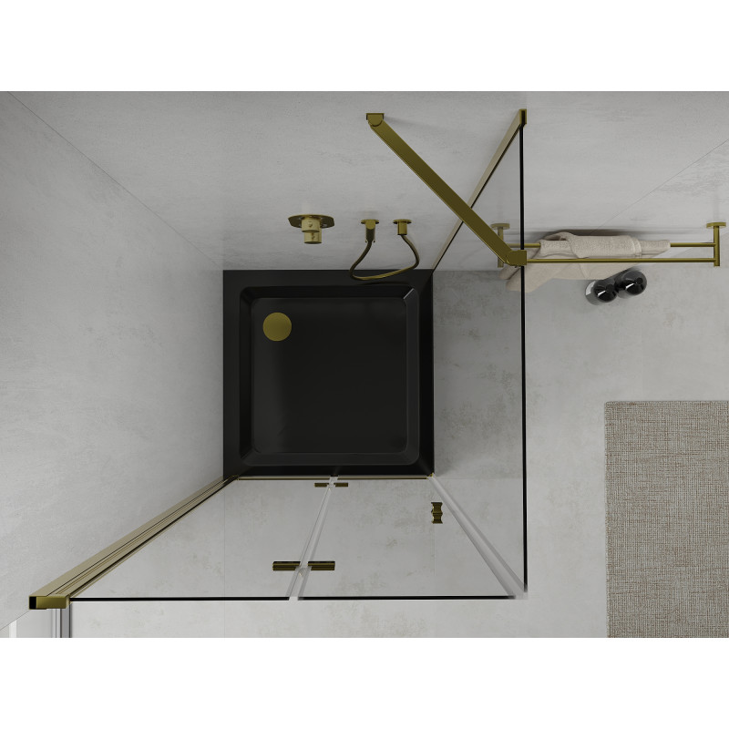 Mexen Lima opklapbare douchecabine 80 x 80 cm, transparant, goud + Flat douchebak, zwart - 856-080-080-50-00-4070G