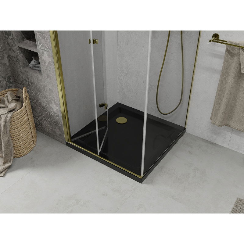 Mexen Lima cabine de douche pliante 80 x 80 cm, transparent, dorée + receveur Flat, noir - 856-080-080-50-00-4070G