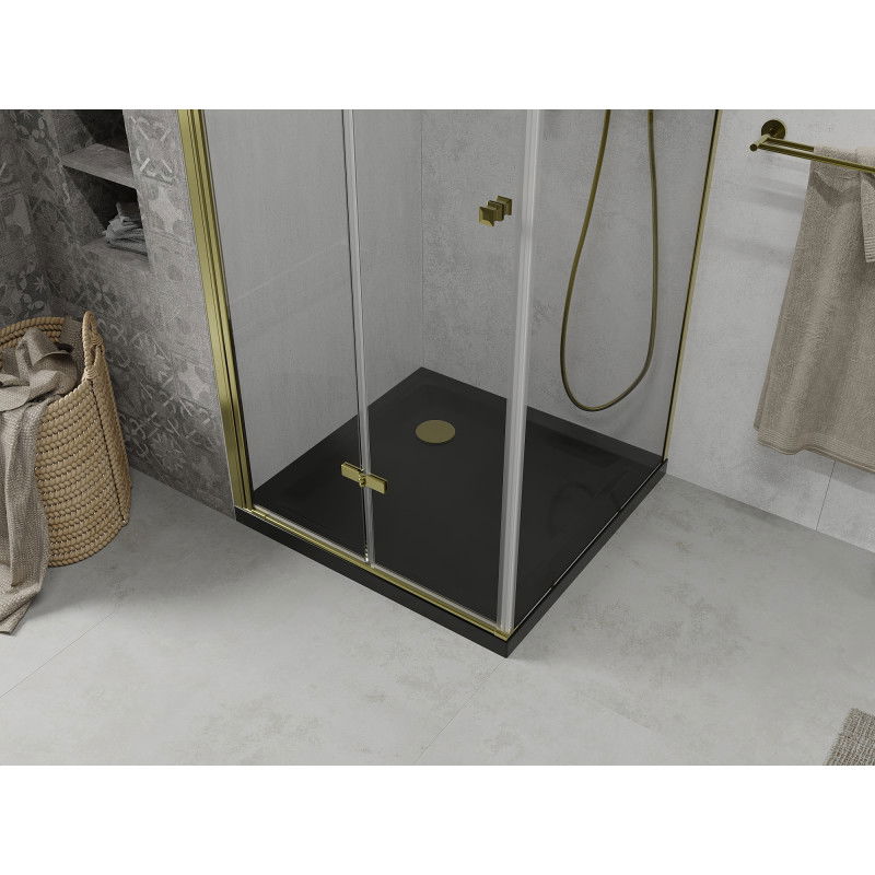 Mexen Lima folding shower enclosure 80 x 80 cm, transparent, gold + Flat tray, black - 856-080-080-50-00-4070G