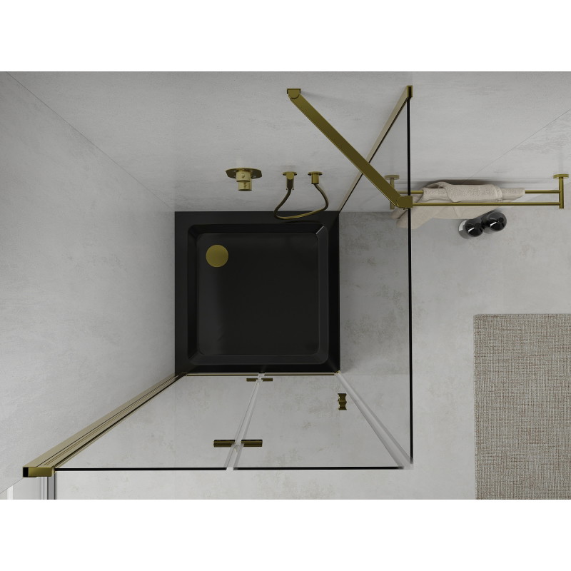 Mexen Lima folding shower cabin 90 x 90 cm, transparent, gold + Flat black shower tray - 856-090-090-50-00-4070G