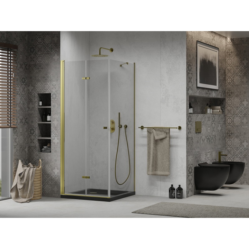 Mexen Lima folding shower cabin 90 x 90 cm, transparent, gold + Flat black shower tray - 856-090-090-50-00-4070G