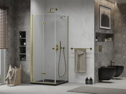 Mexen Lima folding shower cabin 90 x 90 cm, transparent, gold + Flat black shower tray - 856-090-090-50-00-4070G