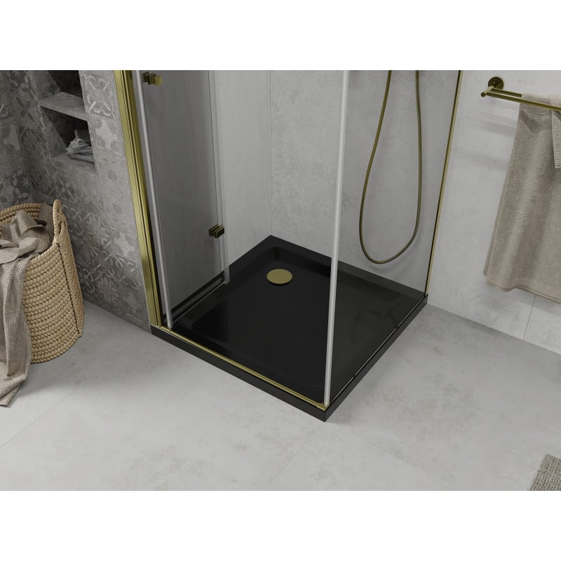 Mexen Lima cabine de duche dobrável 90 x 90 cm, transparente, dourada + base de duche Flat, preta - 856-090-090-50-00-4070G