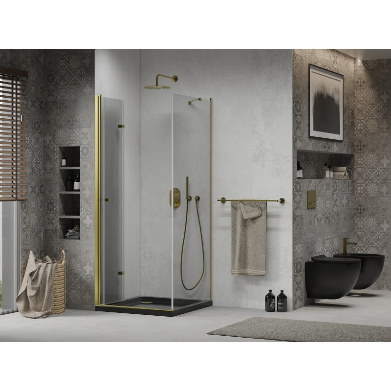 Mexen Lima folding shower cabin 90 x 90 cm, transparent, gold + Flat black shower tray - 856-090-090-50-00-4070G
