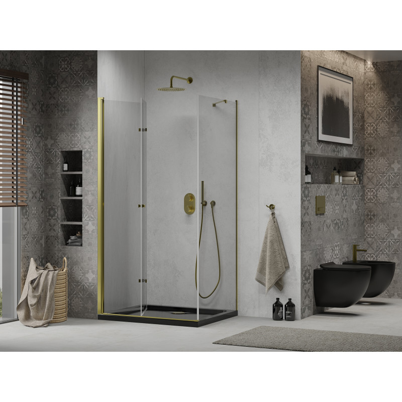 Mexen Lima cabine de douche pliable 90 x 100 cm, transparent, or + receveur Flat, noir - 856-090-100-50-00-4070G