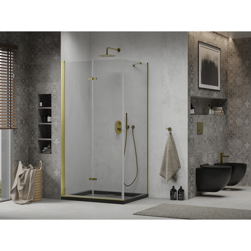Mexen Lima cabine de douche pliante 100 x 80 cm, transparent, doré + receveur Flat, noir - 856-100-080-50-00-4070G