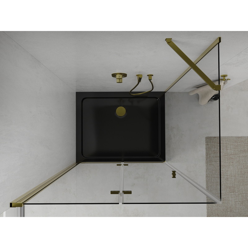 Mexen Lima folding shower enclosure 100 x 90 cm, transparent, gold + Flat shower tray, black - 856-100-090-50-00-4070G