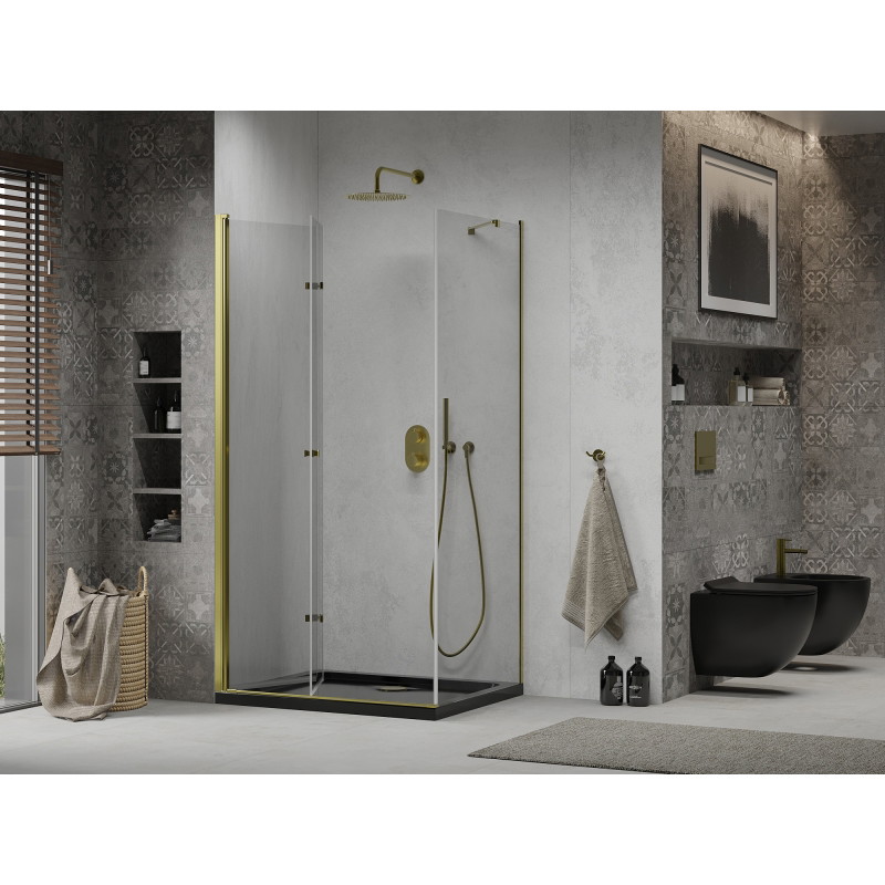 Mexen Lima folding shower enclosure 100 x 90 cm, transparent, gold + Flat shower tray, black - 856-100-090-50-00-4070G