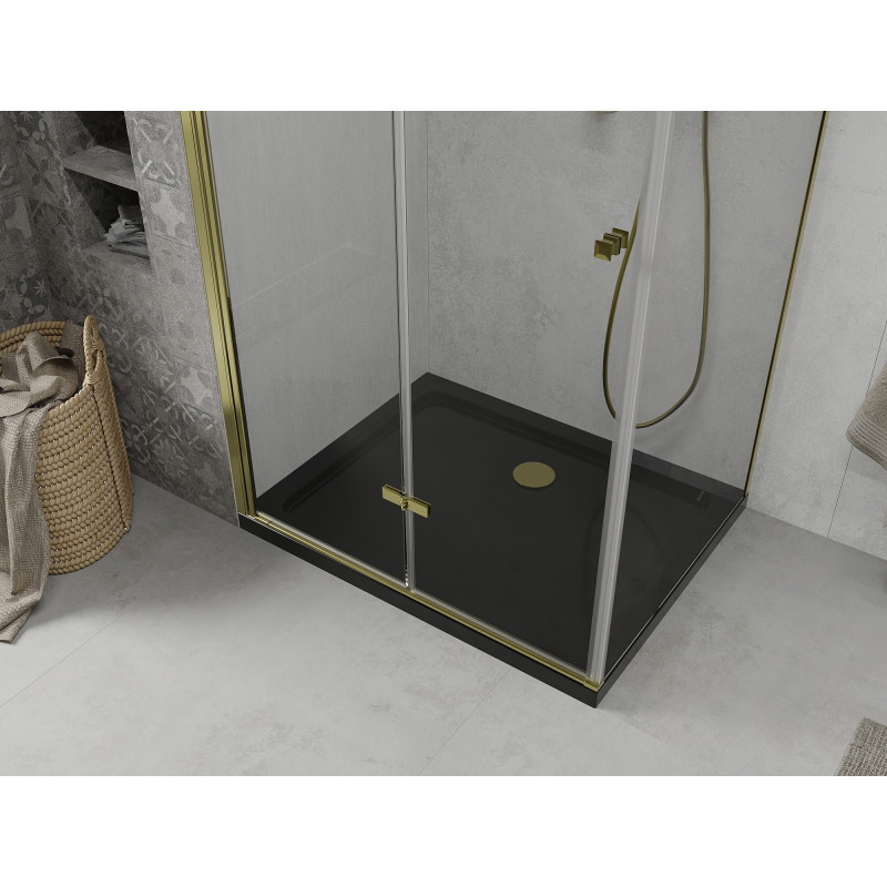 Mexen Lima folding shower enclosure 100 x 90 cm, transparent, gold + Flat shower tray, black - 856-100-090-50-00-4070G