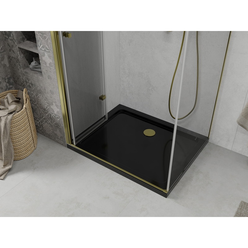 Mexen Lima folding shower enclosure 100 x 90 cm, transparent, gold + Flat shower tray, black - 856-100-090-50-00-4070G