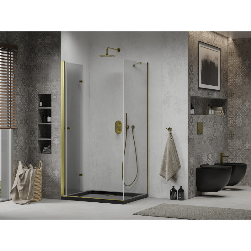 Mexen Lima opvouwbare douchecabine 100 x 90 cm, transparant, goud + Flat douchebak, zwart - 856-100-090-50-00-4070G