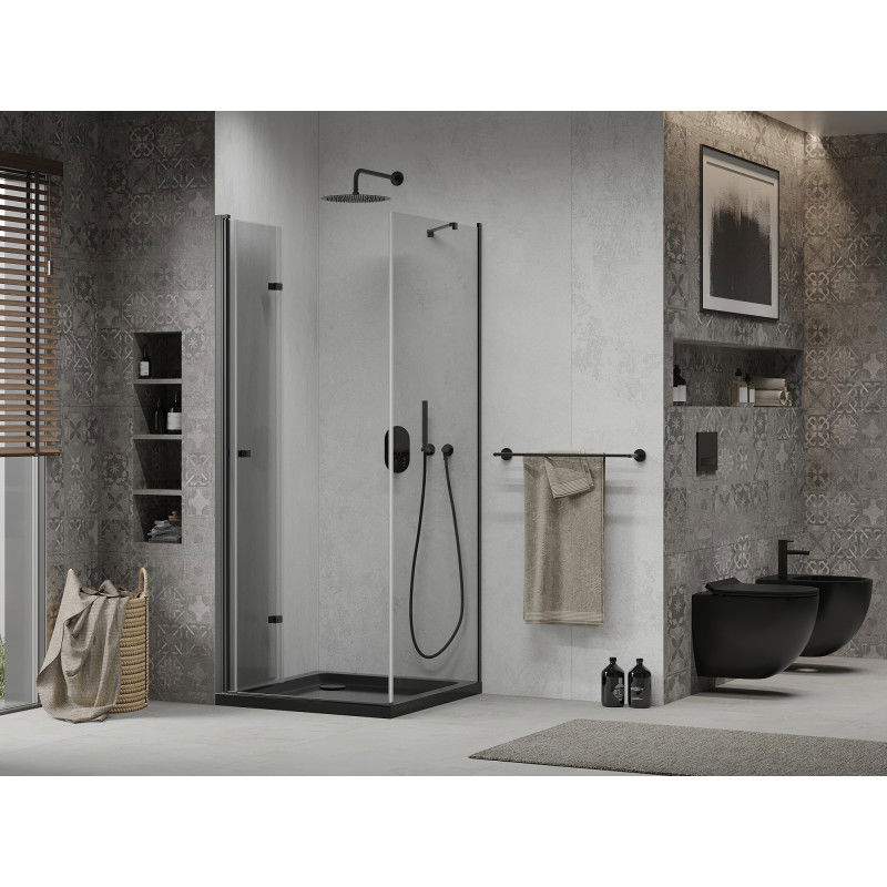 Mexen Lima vikbar duschkabin 80 x 80 cm, transparent, svart + Flat bricka, svart - 856-080-080-70-00-4070B