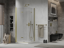 Mexen Lima Duo cabine de douche pliante 80 x 80 cm, transparente, dorée + receveur Flat - 856-080-080-50-02-4010G