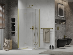Mexen Lima Duo sklopiva tuš kabina 80 x 80 cm, prozirna, zlatna + plitki tuš - 856-080-080-50-02-4010G