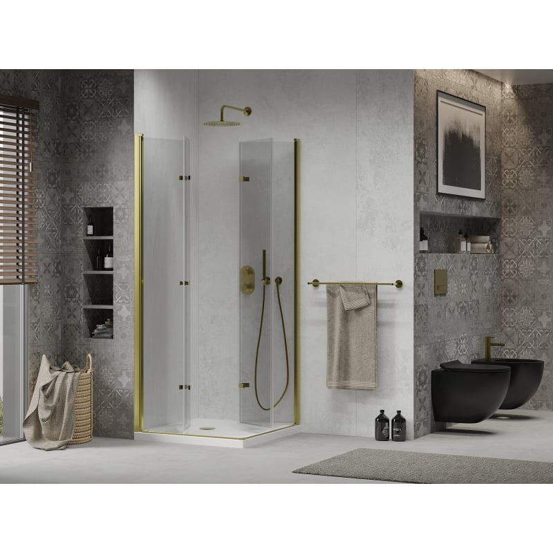 Mexen Lima Duo kokkupandav dušikabiin 90 x 90 cm, läbipaistev, kuldne + Flat dušialus - 856-090-090-50-02-4010G
