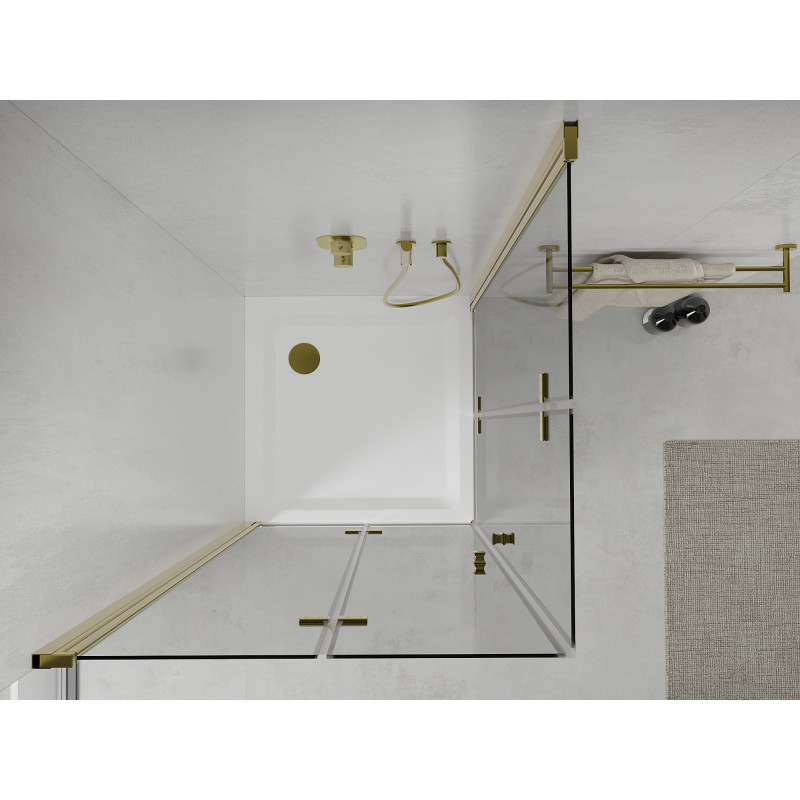 Mexen Lima Dubbele opvouwbare douchecabine 100 x 100 cm, transparant, goud + Flat douchebak - 856-100-100-50-02-4010G