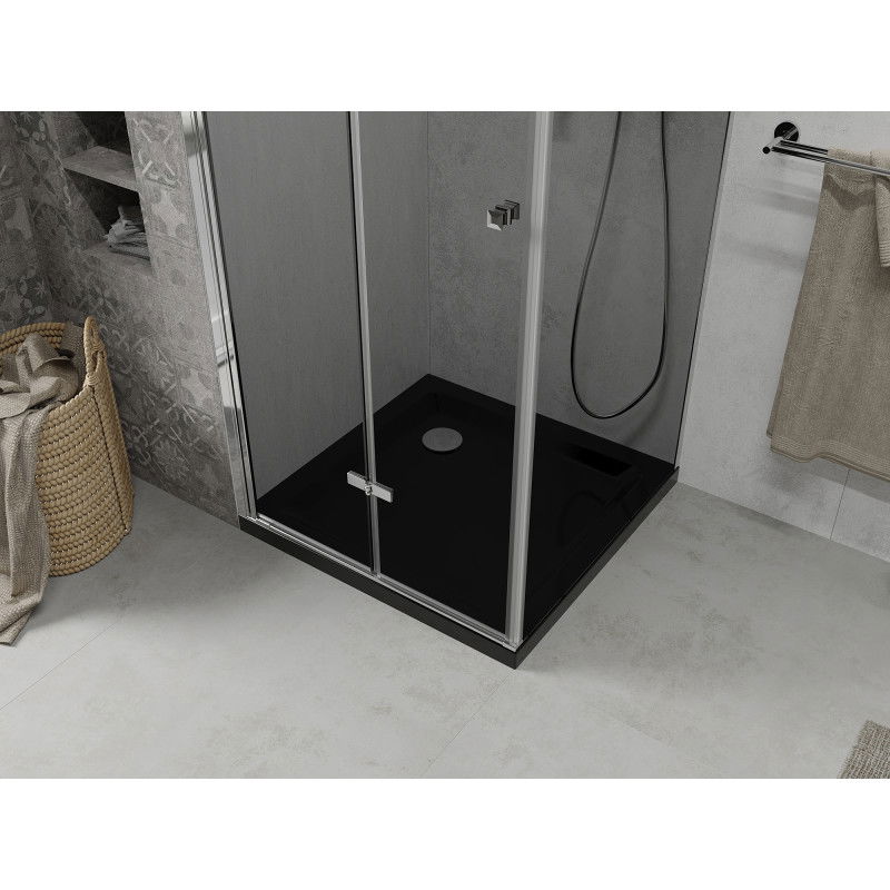 Mexen Lima 80 x 80 cm klappbar Duschkabine, Grafit, Chrom + Flat Duschwanne, schwaarz - 856-080-080-01-40-4070