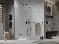 Mexen Lima cabine de douche pliante 80 x 80 cm, transparente, noire + receveur Flat, blanc - 856-080-080-70-00-4010B