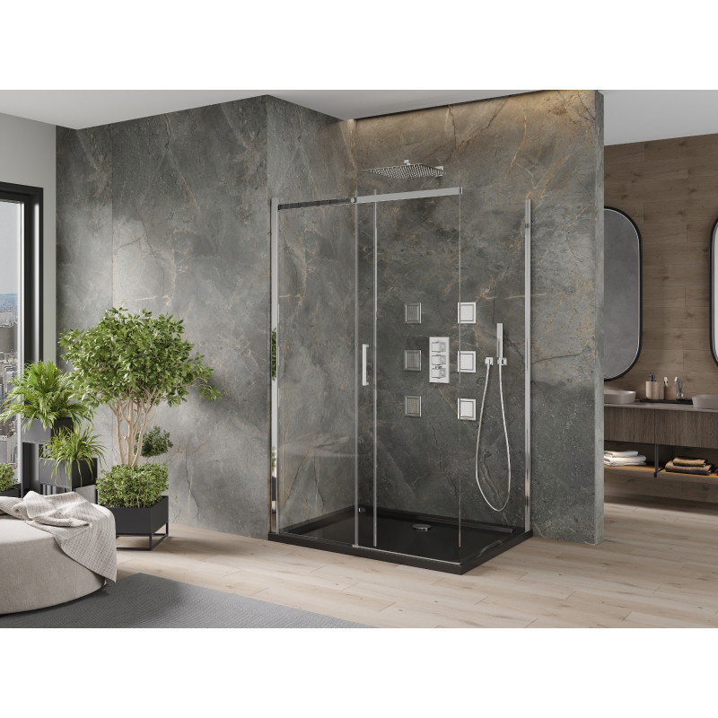 Mexen Omega liuguksega dušinurk 120 x 90 cm, läbipaistev, kroom + must Flat dušialus - 825-120-090-01-00-4070