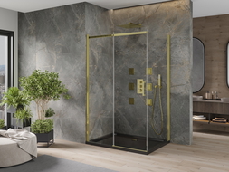 Mexen Omega cabine de douche coulissante 120 x 80 cm, transparent, dorée + receveur Flat, noir - 825-120-080-50-00-4070G