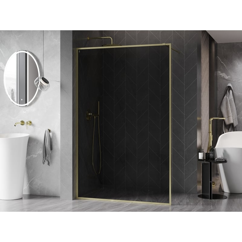Mexen Kioto-XF pannello doccia Walk-in con cornice 110 x 202 cm, grafite 10 mm, oro spazzolato - 800-110-104-55-40-X