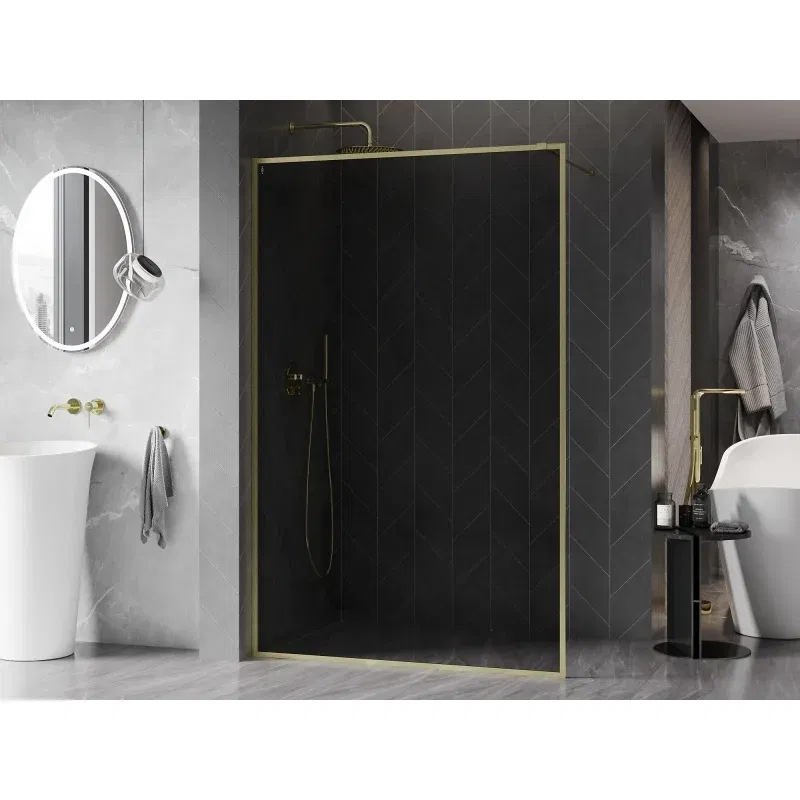Mexen Kioto-XF Duschwand Walk-in mit Rahmen 160 x 202 cm, grafit 10 mm, gebürstetes Gold - 800-160-104-55-40-X