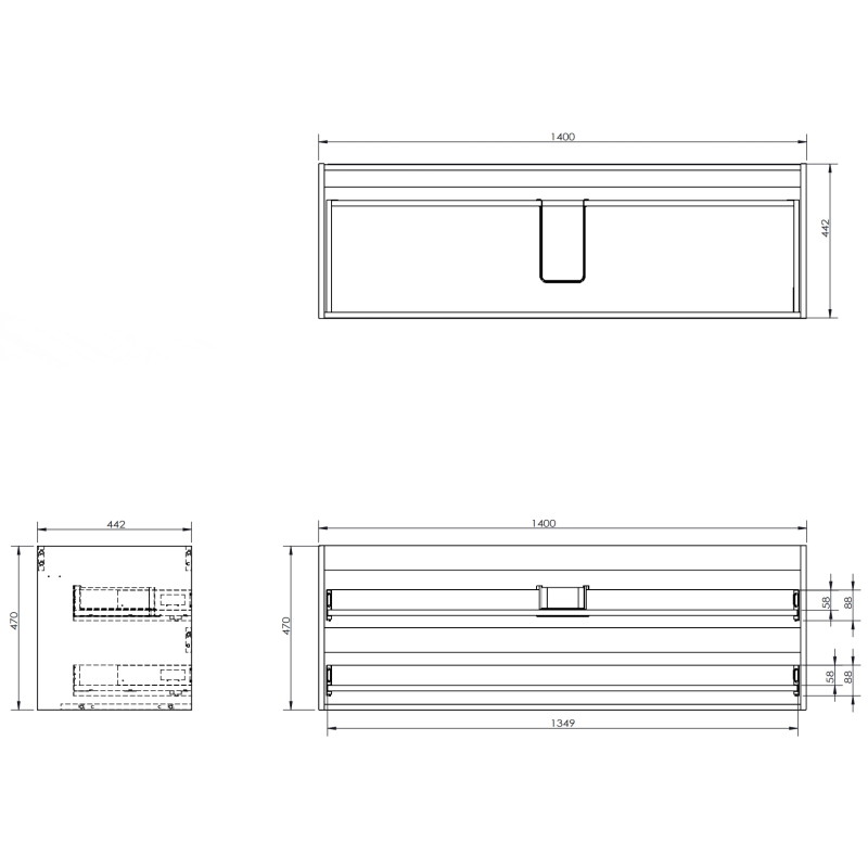 Mexen Box-A valamualuse kapi korpus 140 cm, 2 sahtlit, must läige - 91AX0-1400-470-2-70