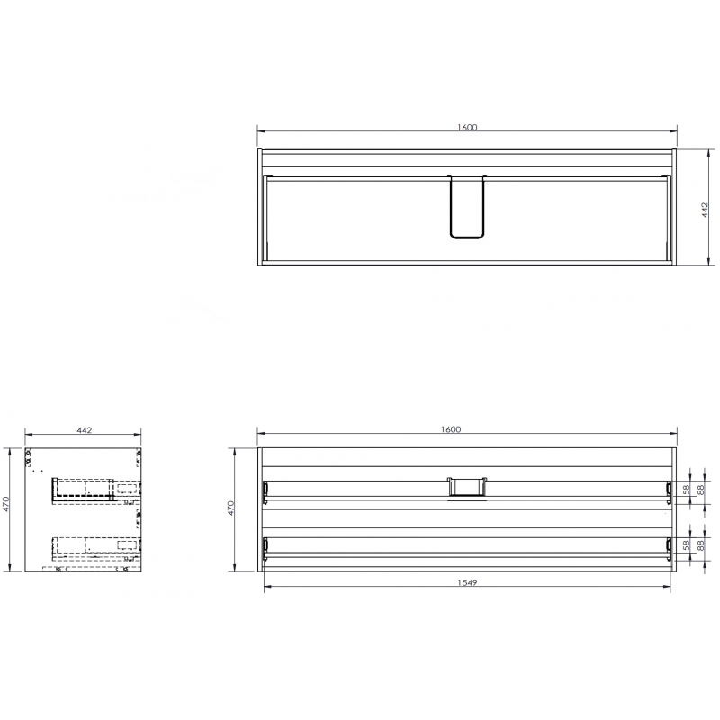 Mexen Box-A skapja korpuss zem izlietnes 160 cm, 2 atvilktnes, melns spīdums - 91AX0-1600-470-2-70