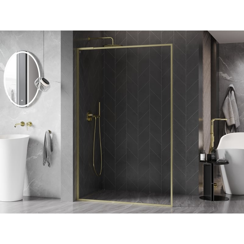 Mexen Kioto-F L pared de ducha Walk-in con marco 115 x 202 cm, transparente 8 mm, oro cepillado - 800-115-174-55-00